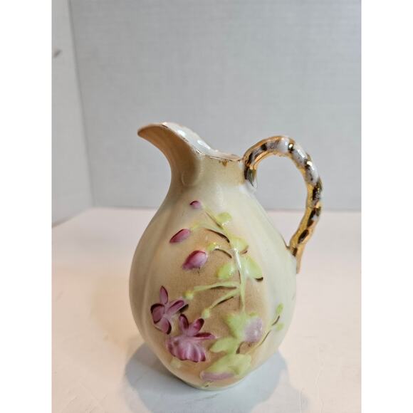 Antique German Fine Bisque China Pitcher Handpainted Pink Fuchsia Flowers 4.5" - Picture 6 of 10